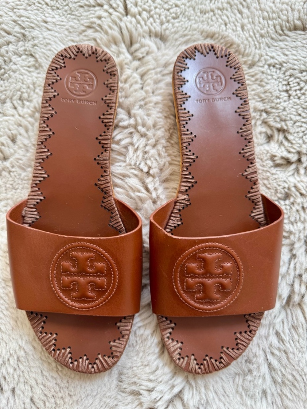 Tory Burch Cognac Leather Logo Slide Sandals